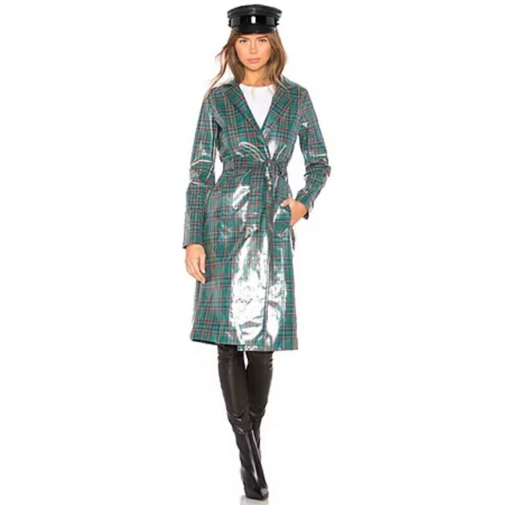 NWT LPA Patrizia Coated tie belted Trench in Green Plaid XXS
